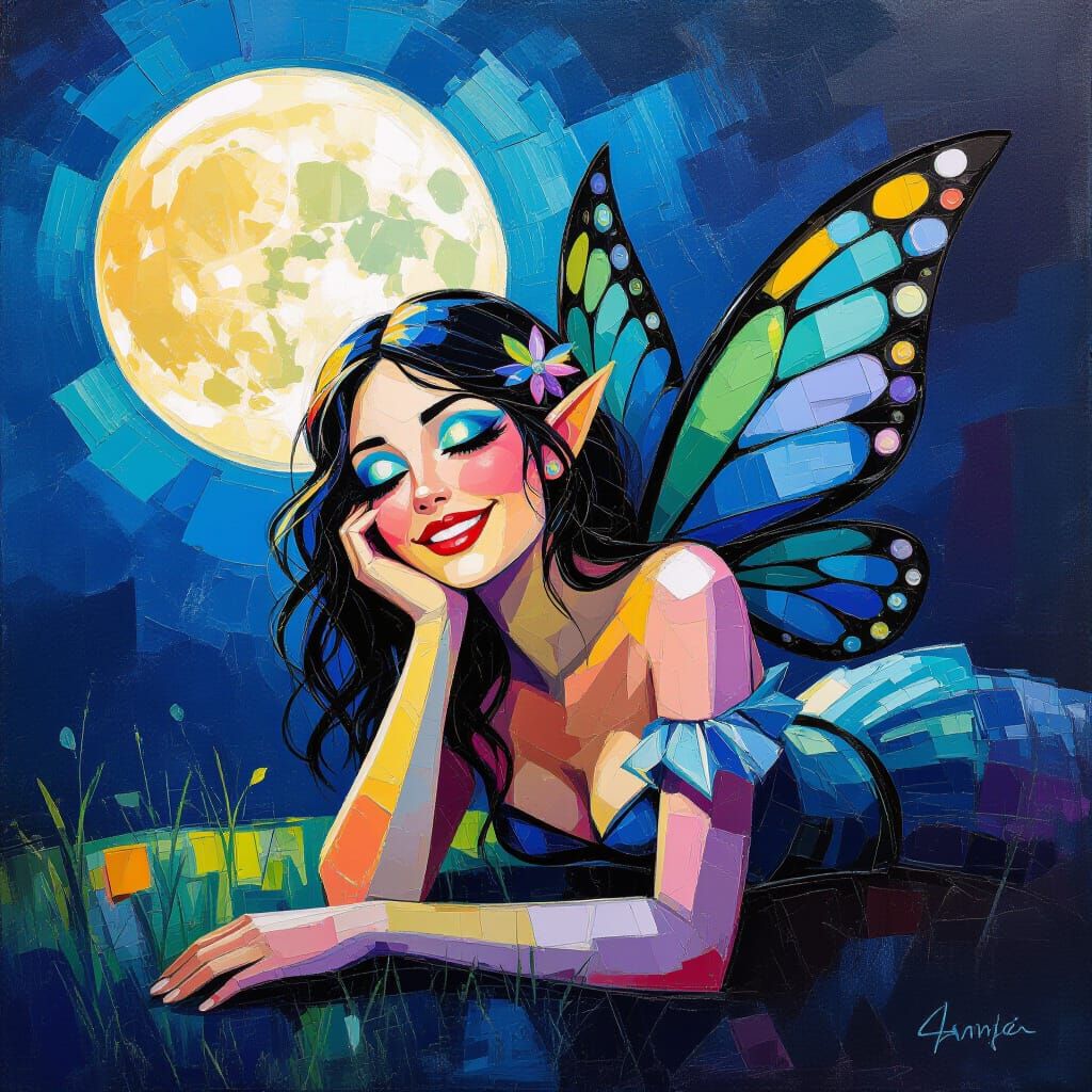 Gothic Fairy Bathed in Moonlight, Neo-Impressionist Style