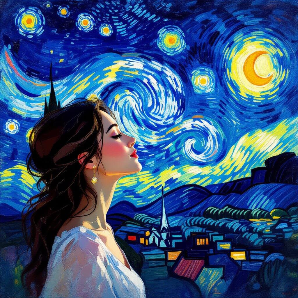 Woman Gazing at Starry Night Sky in Impressionist Style