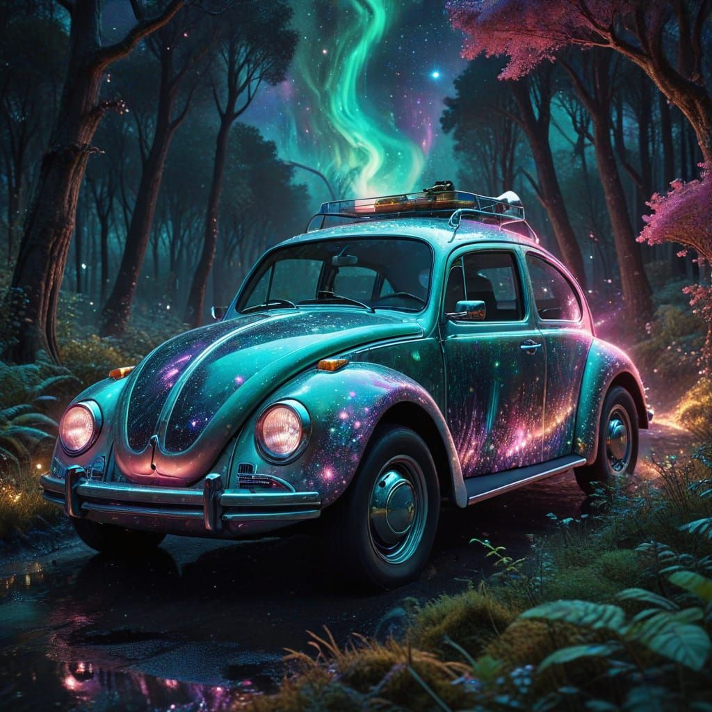 Cosmic VW Beetle in Starlit Forest Illustration