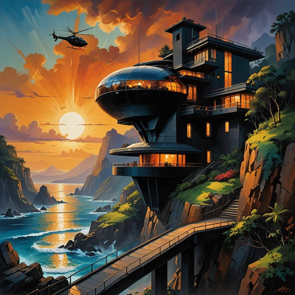 Futuristic Metallic Mansion on Tropical Island