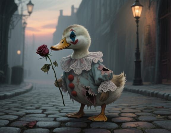 Melancholic Clown Duckling in Gloomy Dusk Street