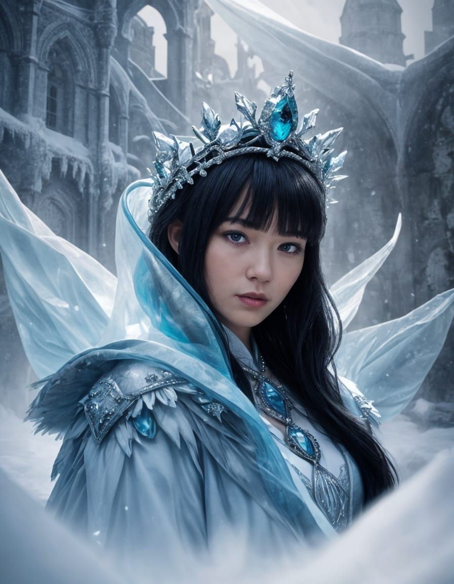 Ethereal Winter Queen in Icy Castle Courtyard