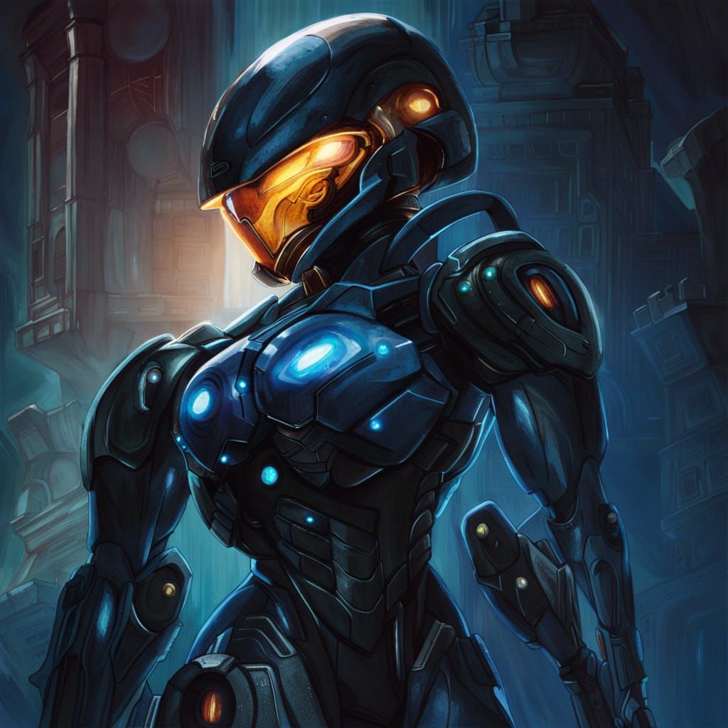 Samus Aran in Dark Cyberpunk Cityscape