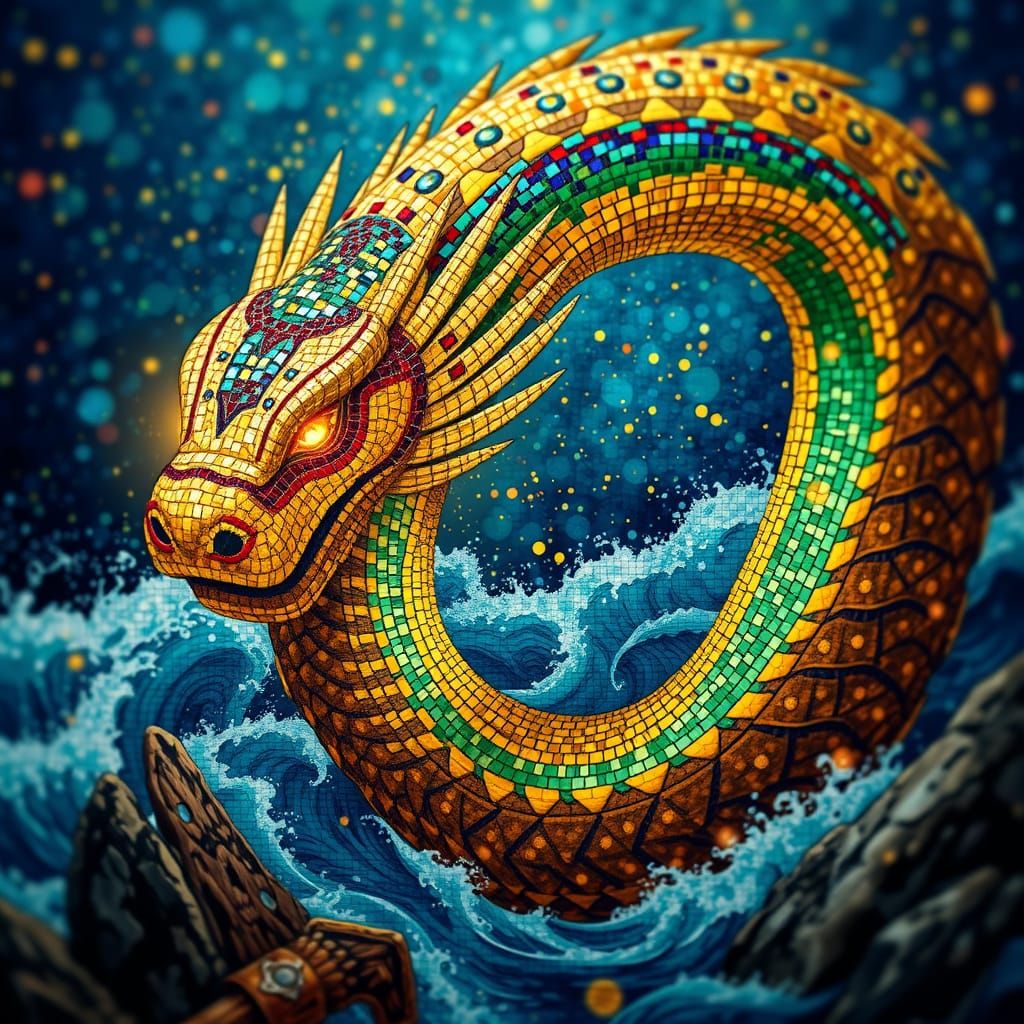 A dazzling mosaic masterpiece depicting Jörmungandr, the Wor...