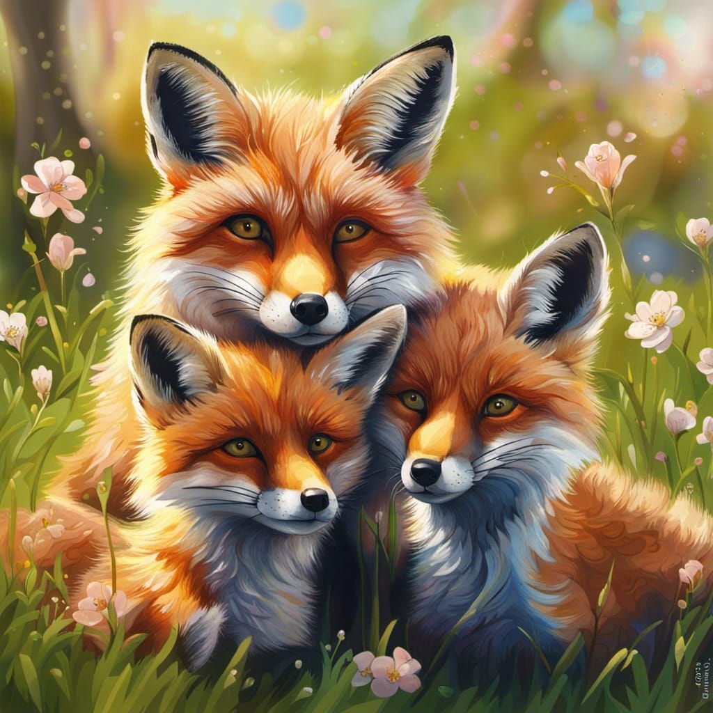 Fox Family in Spring: Hyperrealistic Splash Art