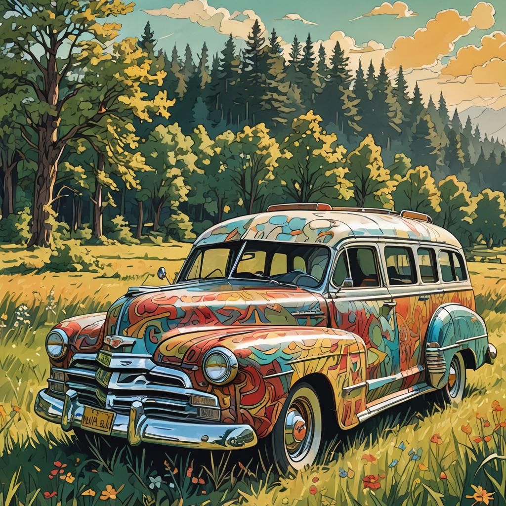 Retro Campervan in Comic Book Style