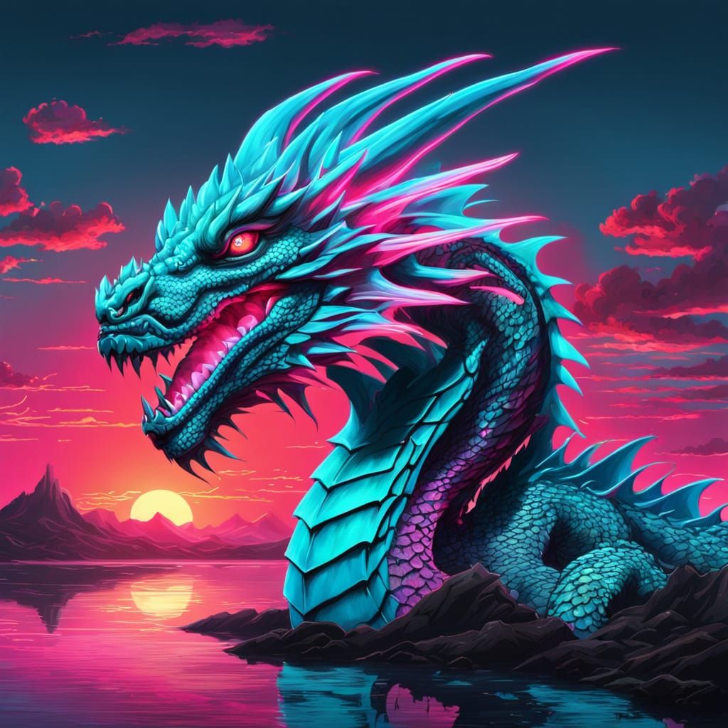 Vibrant Neon Dragon Over Sunset Skies