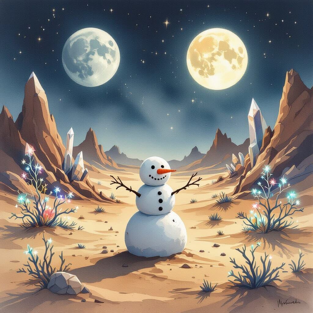 Alien Desert Snowman Under Two Moons, Watercolor Style