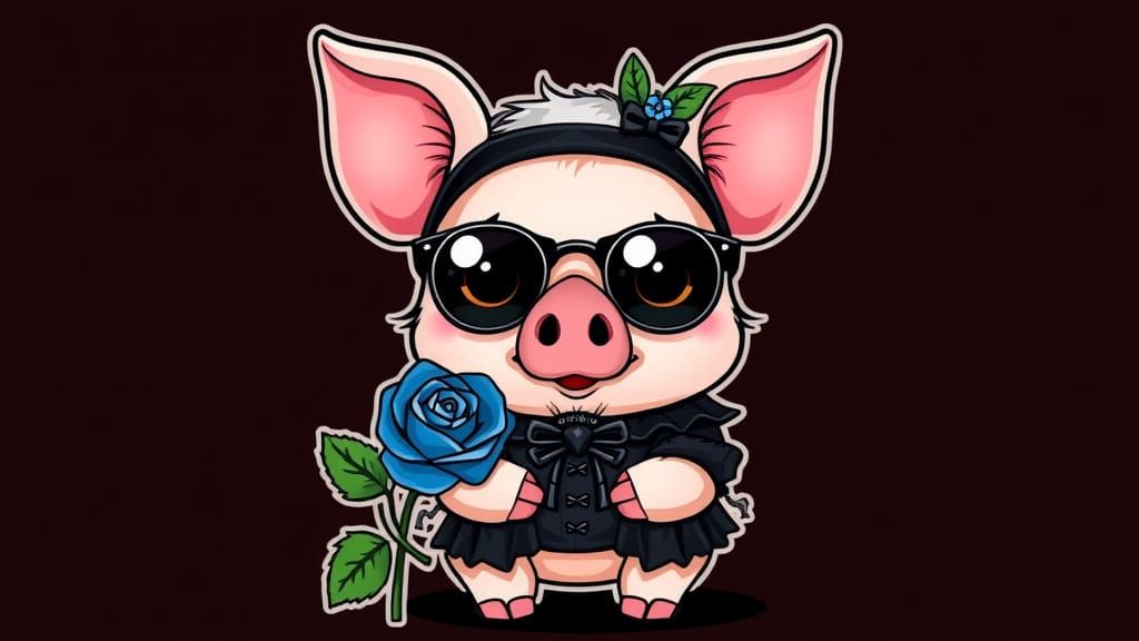 Gothic Chibi Pig Wears Blue Rose