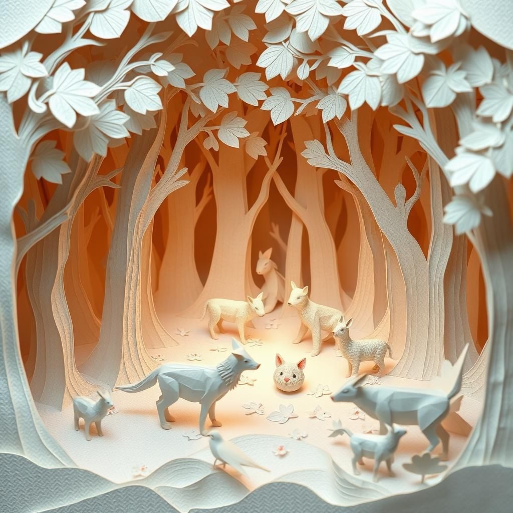 Origami Paper Forest with Gentle Animals