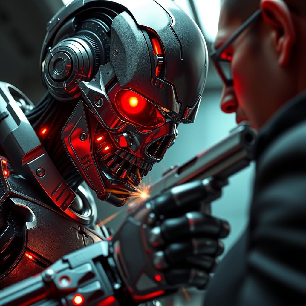 Cyborg Confrontation: Futuristic Showdown in Dark Cafe