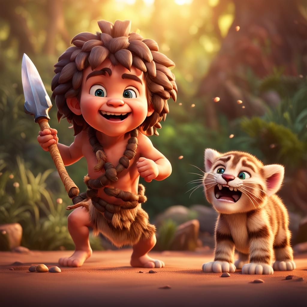 Caveman Toddler Plays with Sabertooth Kitten: 3D Digital Art
