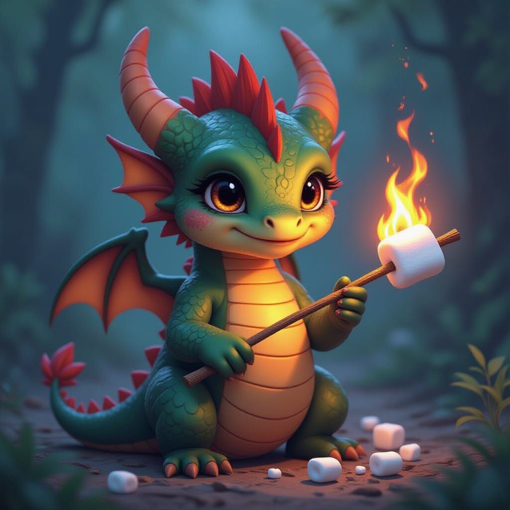 Baby Dragon Toasts Marshmallow in Dark Fantasy Setting