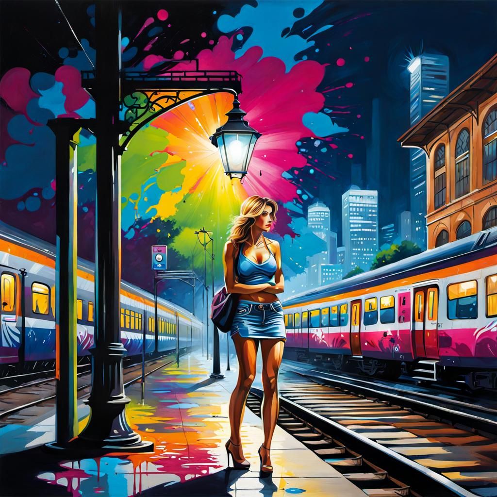 Lonely Lady at Train Station in Graffiti Art Style