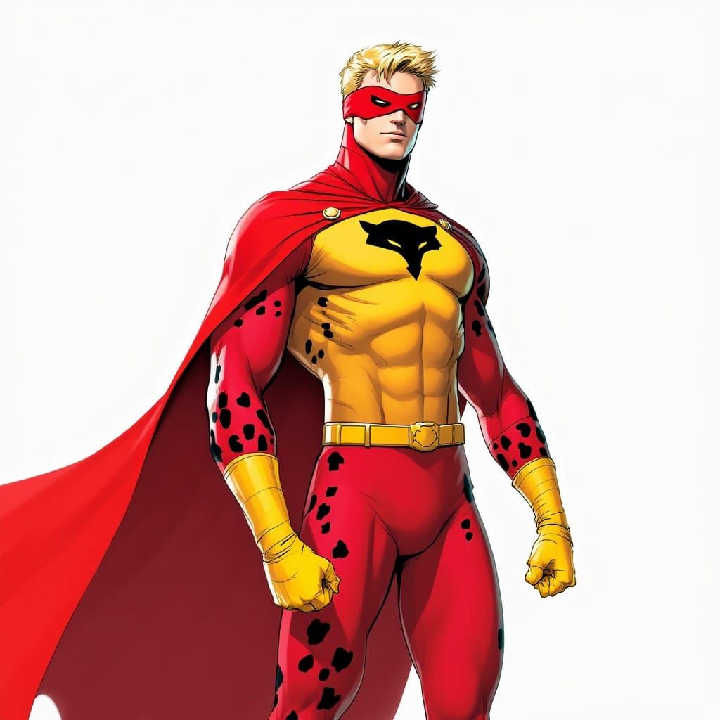 Athletic Man in Red and Yellow Superhero Costume with Lynx E...