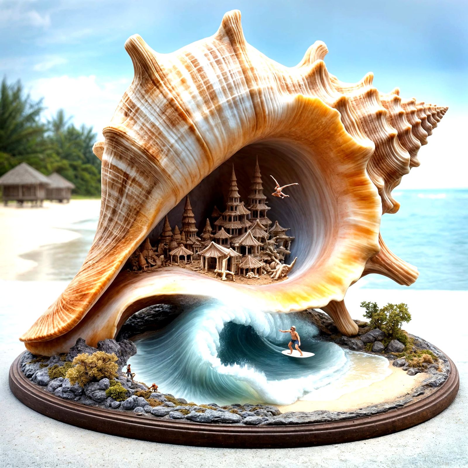 Fantastical Conch Shell World with Surfer