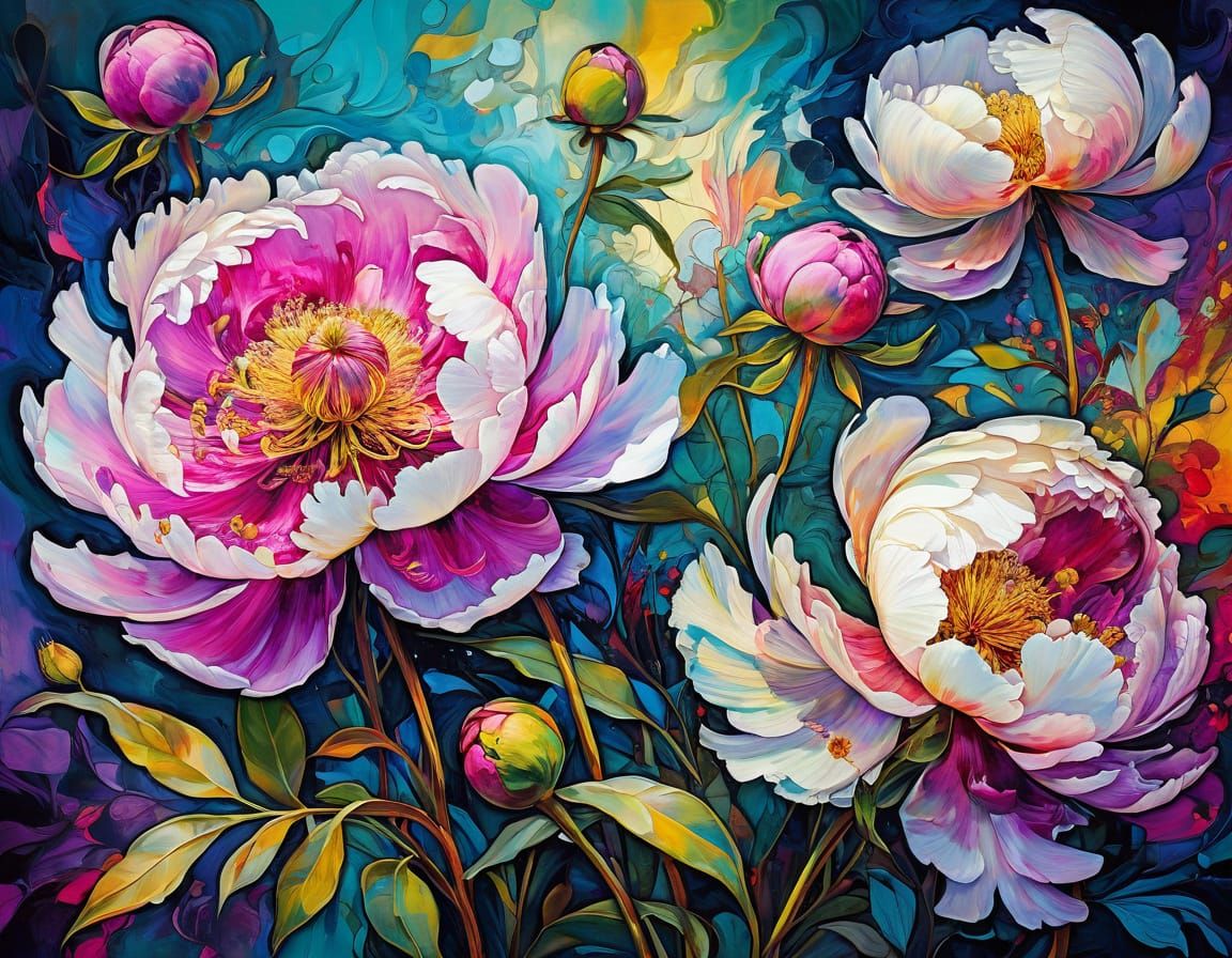 Abstract Wild Peonies in Vivid Expressionist Colors