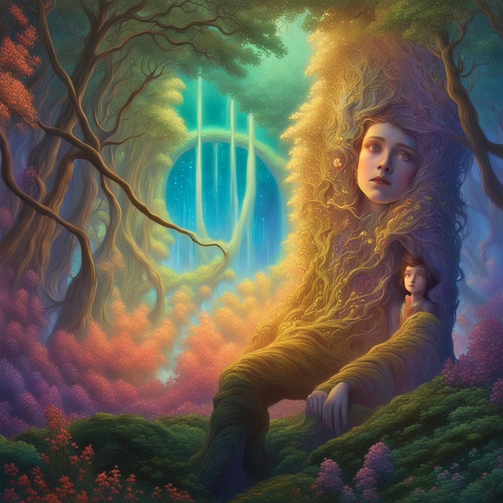 Clara in Mystical Forest with Portal, Roger Dean Style