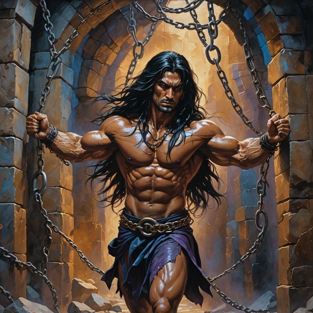 Chained Warrior: Dramatic Fantasy Oil Painting