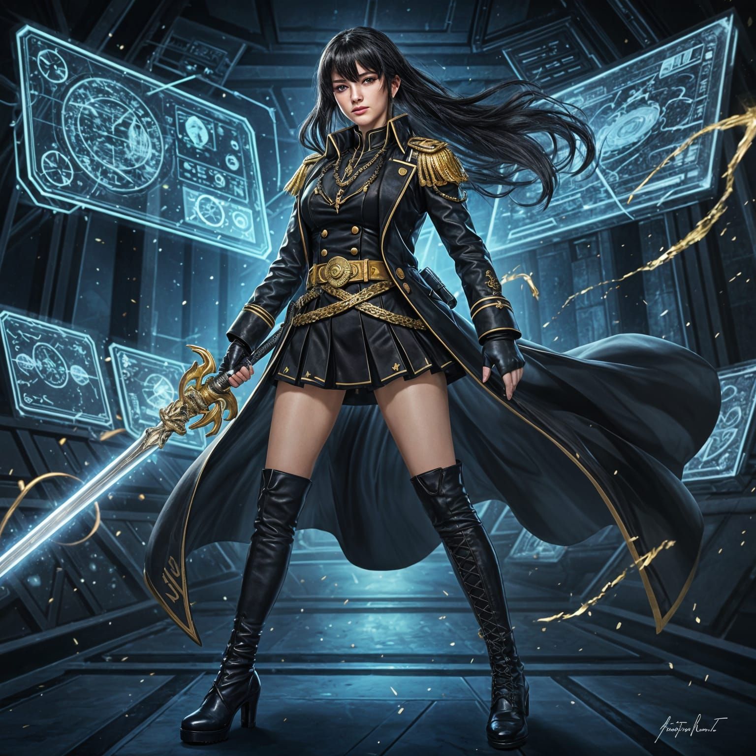 Anime Female Admiral in Black Navy Uniform with Sword