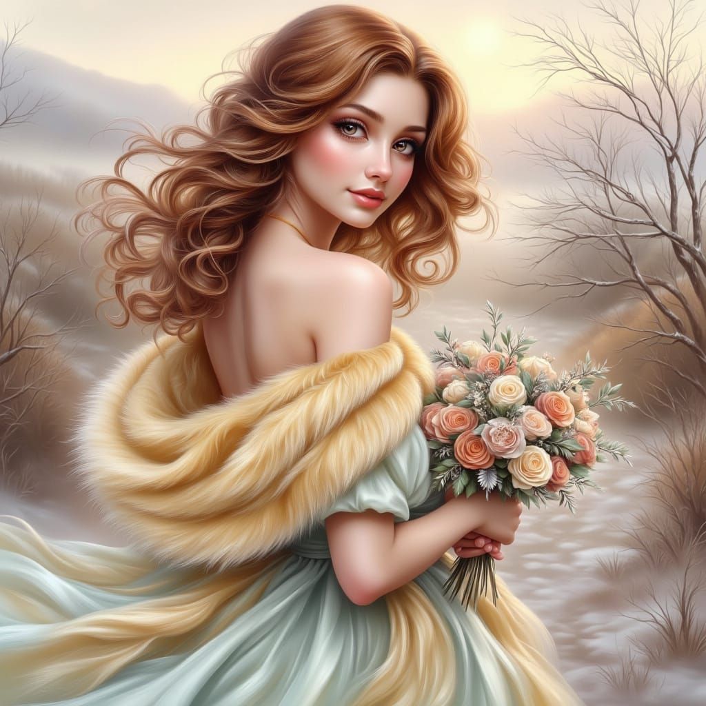 Playful Woman with Winter Flowers in Oil