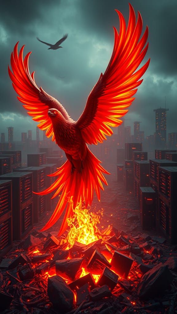 Cyberpunk Phoenix Rises from the Ashes in a Futuristic Citys...