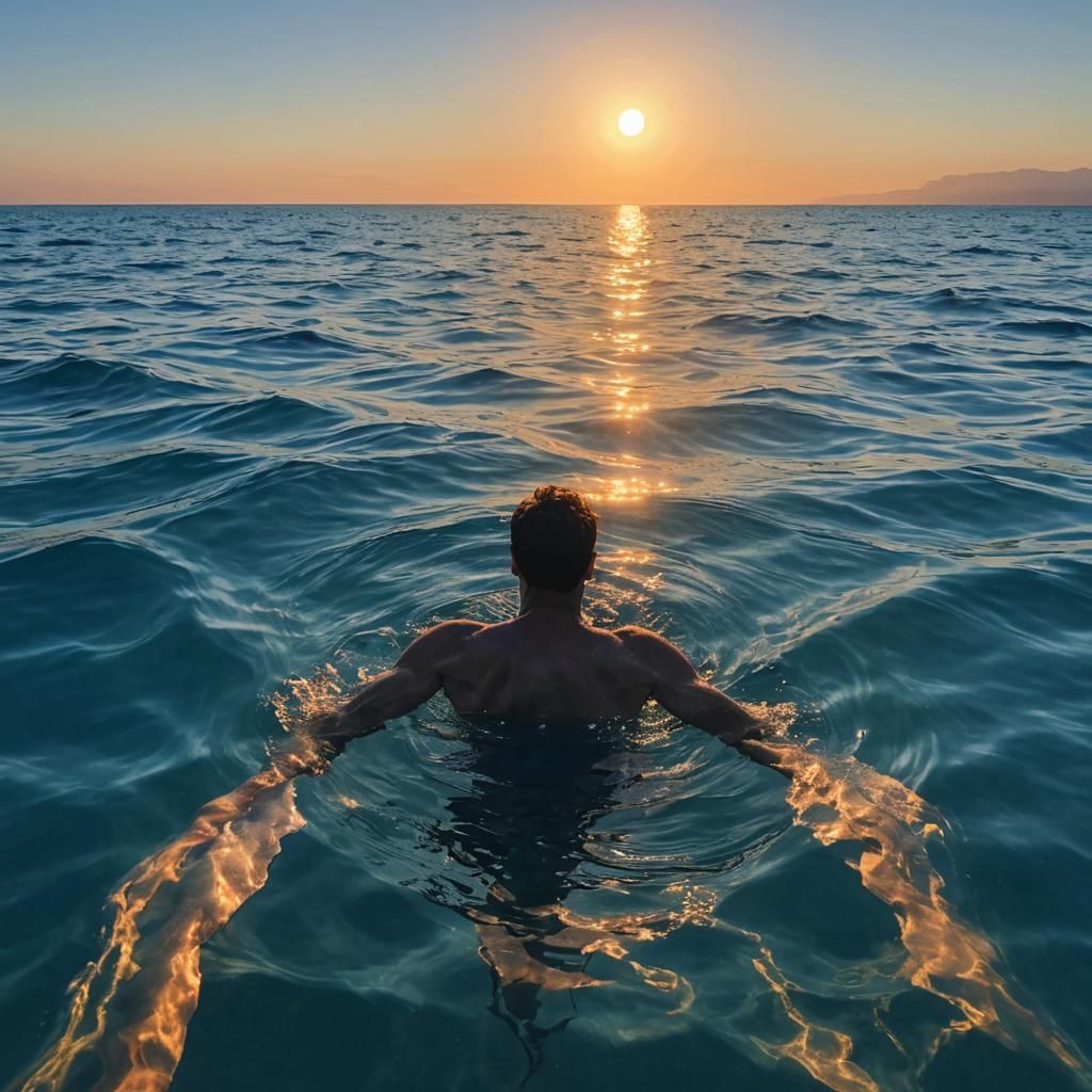 Man Swimming in Calm Blue Sea at Sunset