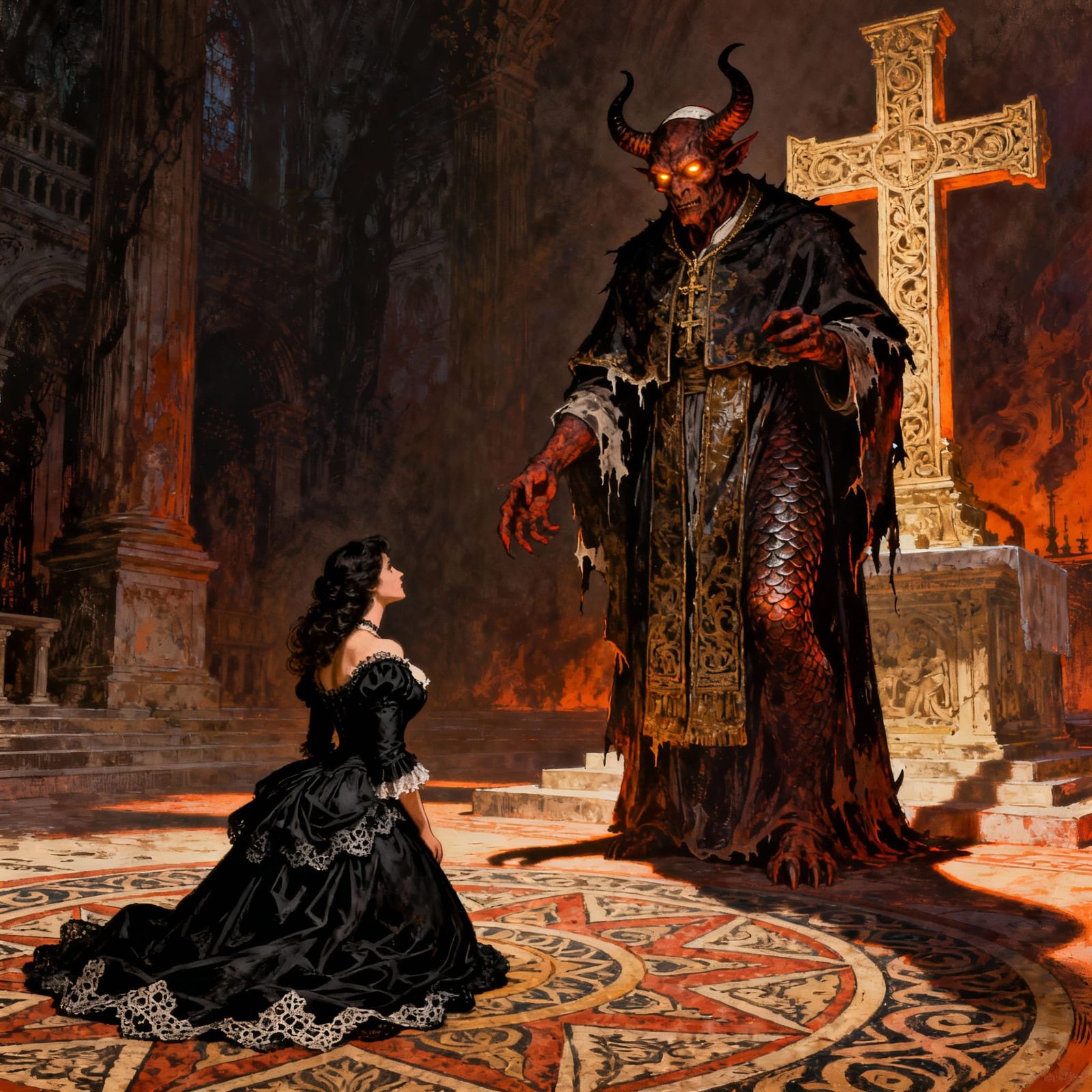 Alluring Woman Kneels Before Demon Pope in Ornate Temple