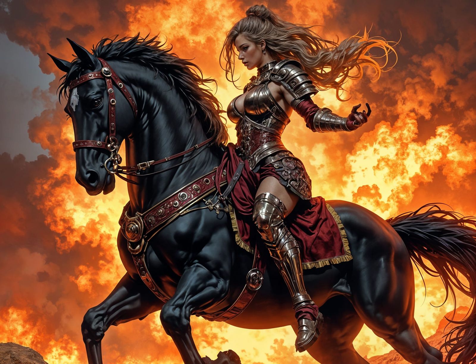 Warrior Woman on Horseback in Stormy Weather