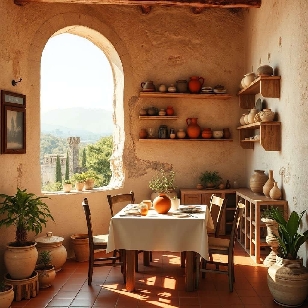 Mediterranean Dining Room with Weathered Wall