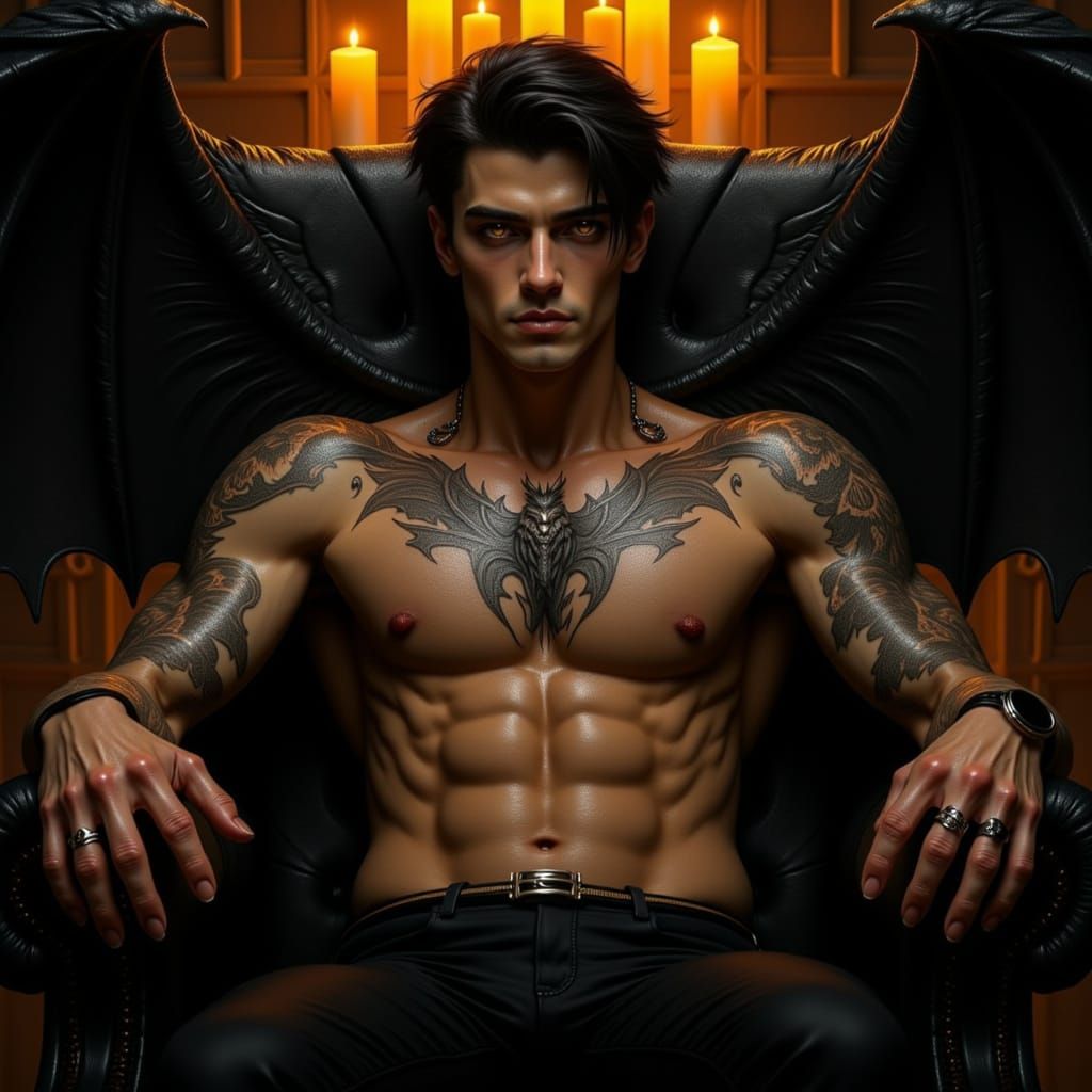 Brooding Man with Bat Wings on Throne