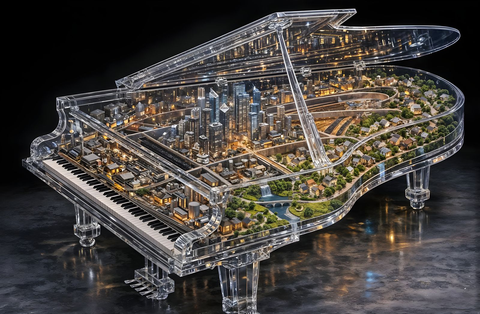 Glass Grand Piano Filled with Miniature Cityscape