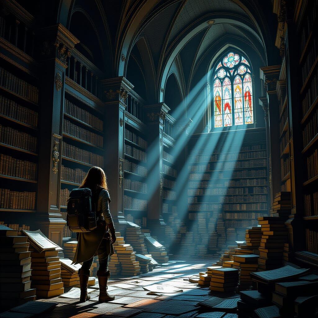 Explorer in Ancient Library, Hyperrealistic Digital Painting