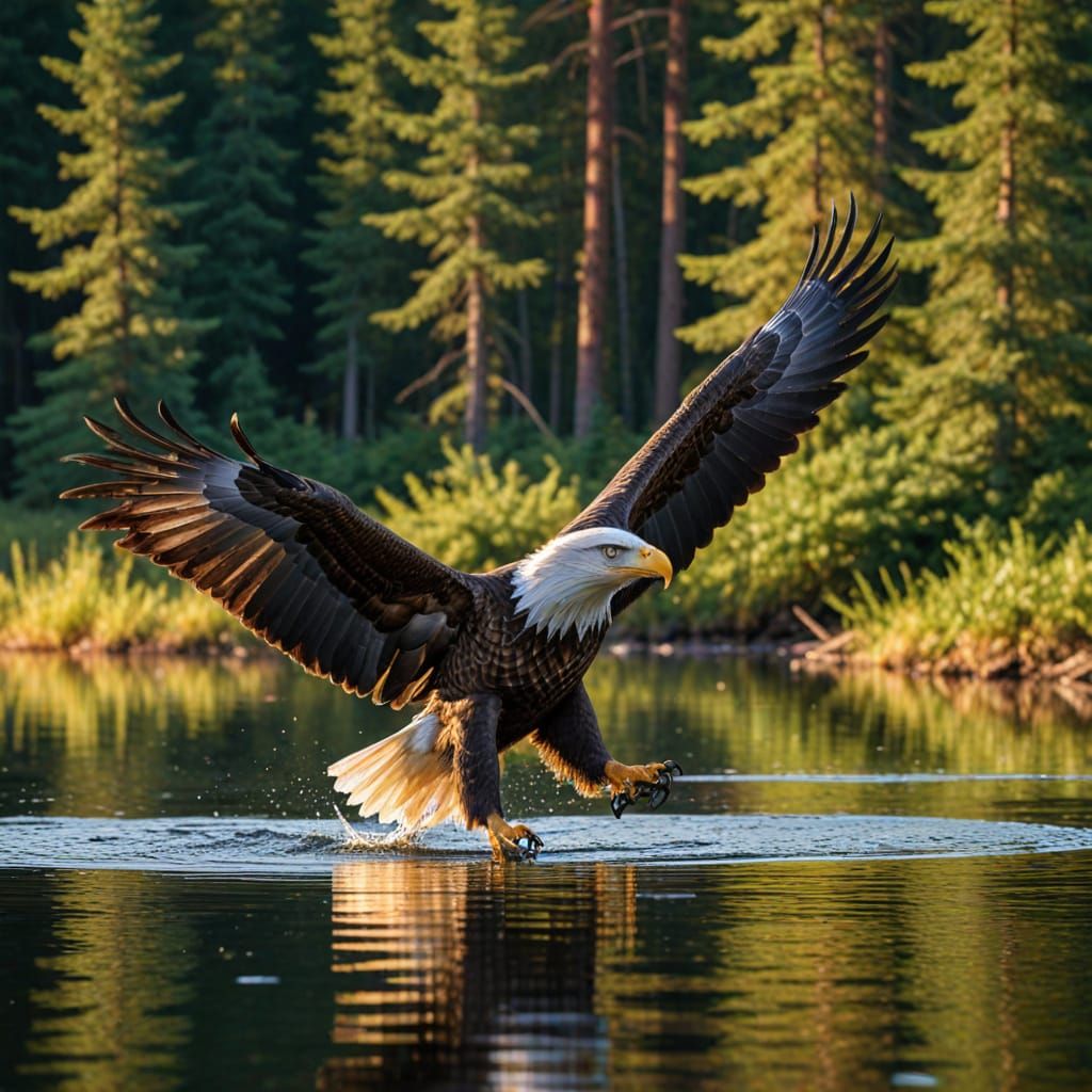 American Bald Eagle Soars Over Serene Lake in Golden Hour