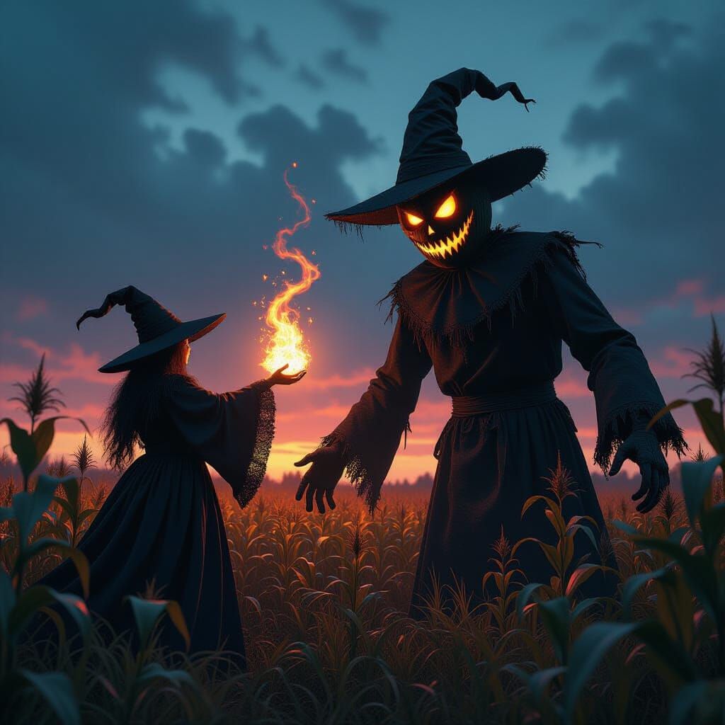 A cackling witch in tattered black robes casts a spell on a ...