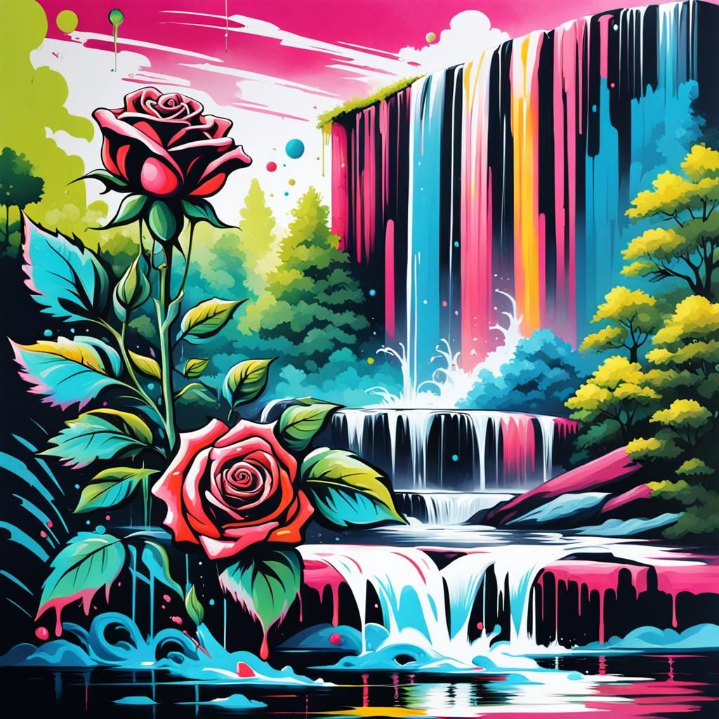 Rose and Waterfall in Graffiti Splash Art Style
