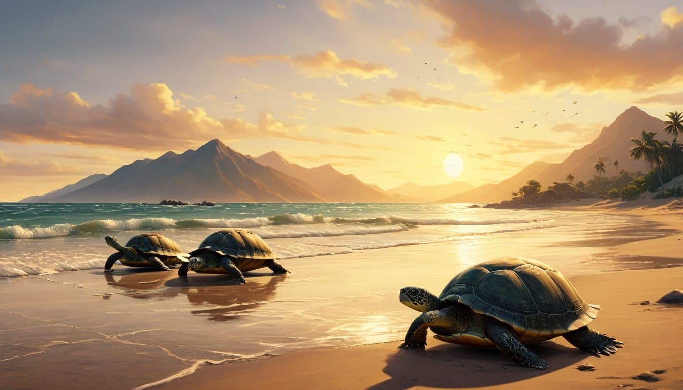Beach Turtles at Sunset in Oil Painting Style