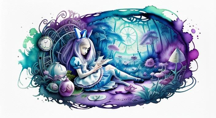 Illustrate a scene from 'Alice in Wonderland' where Alice experiences surreal transformations after consuming a mysterio...