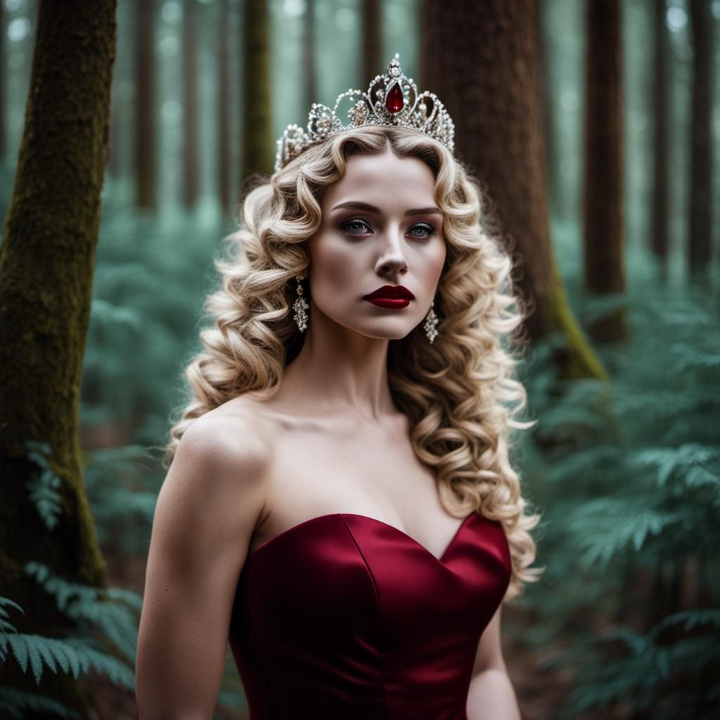 Woman in Red Ballgown in Forest
