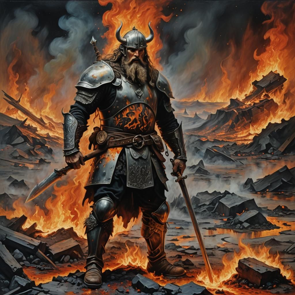 Viking Warrior in Burning Landscape: Dali-Inspired Surrealis...