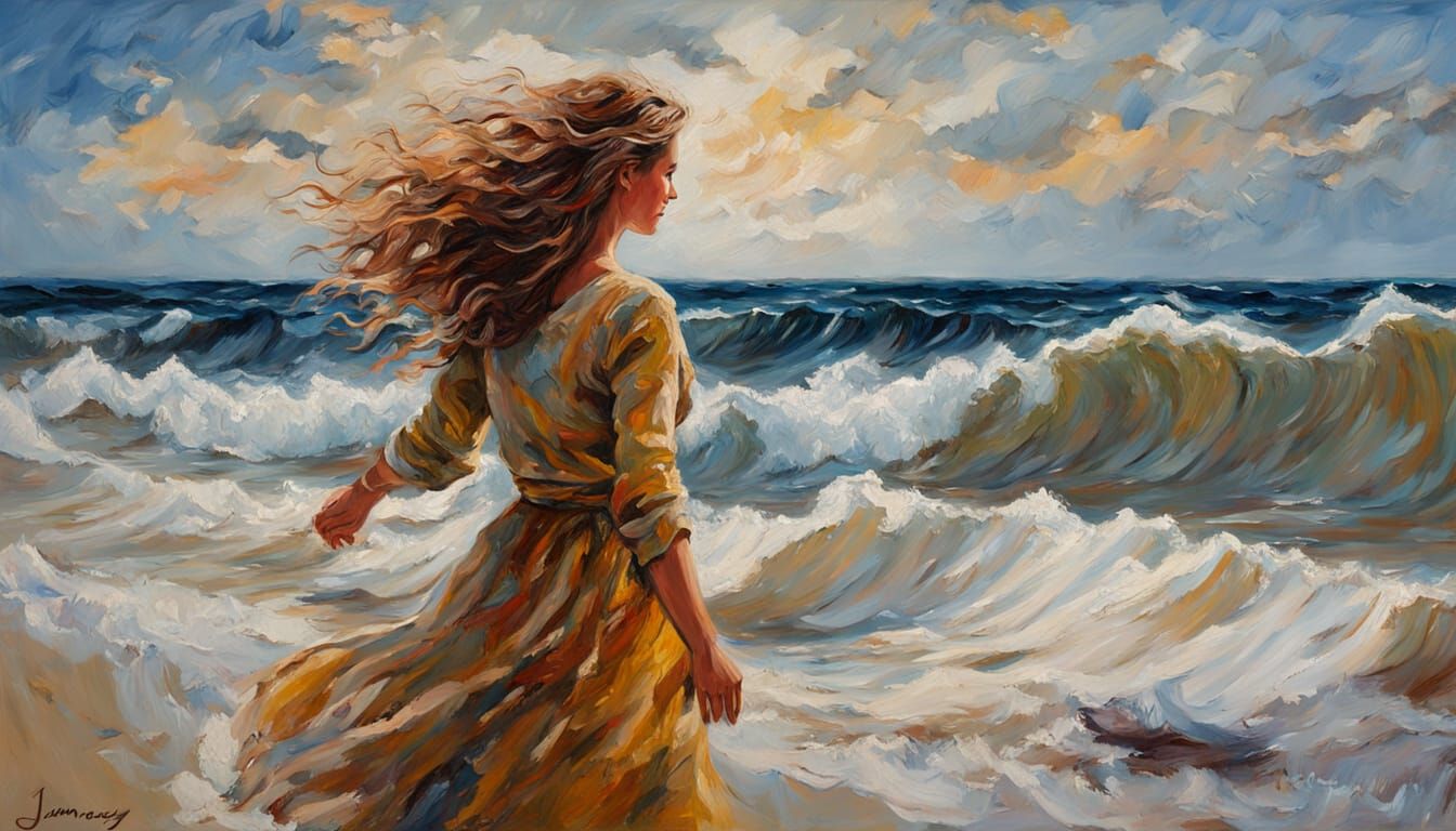 Woman by the Sea: An Impasto Oil Painting