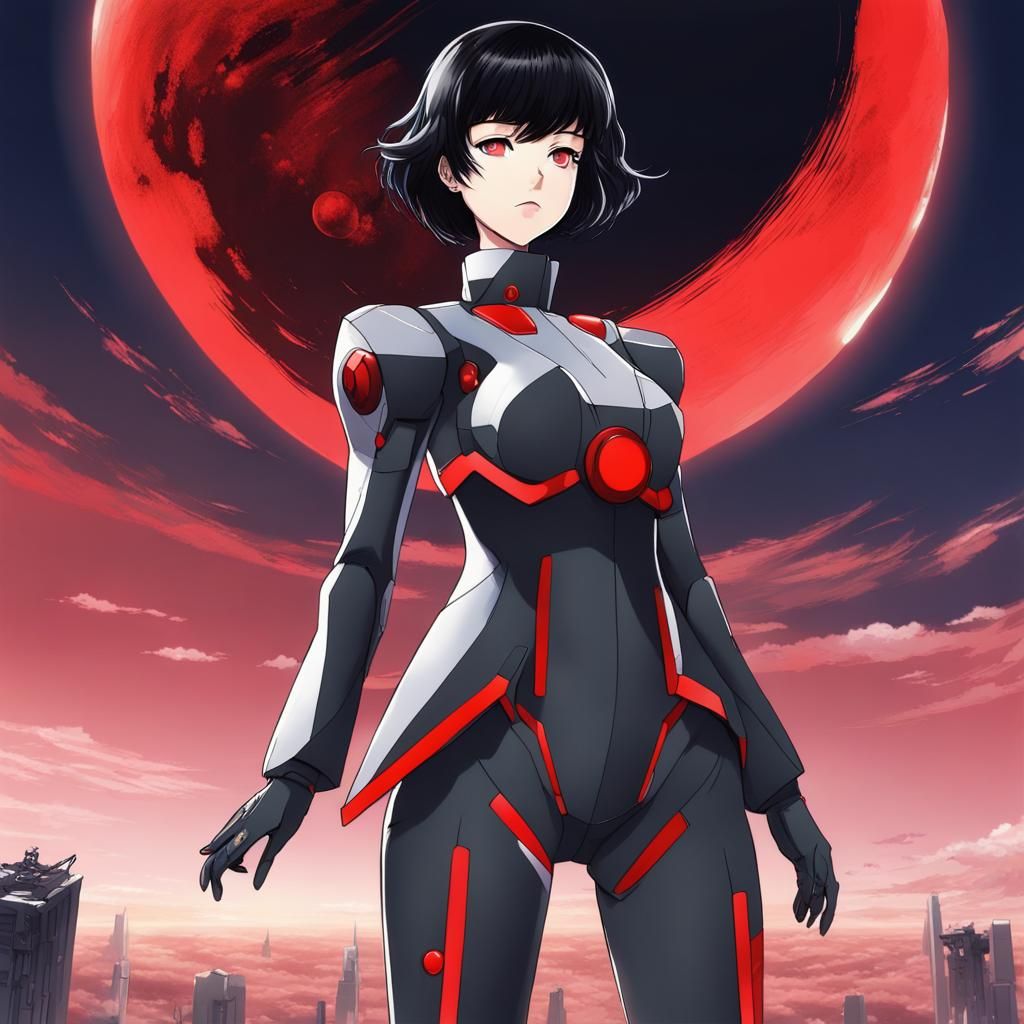 Girl in Futuristic Suit with Gundam, Anime Style