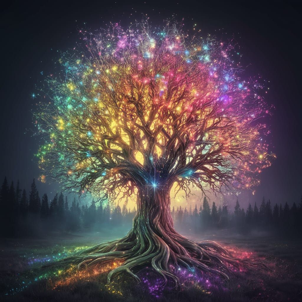 Moonlit Tree of Life Blooms with Bioluminescent Flowers