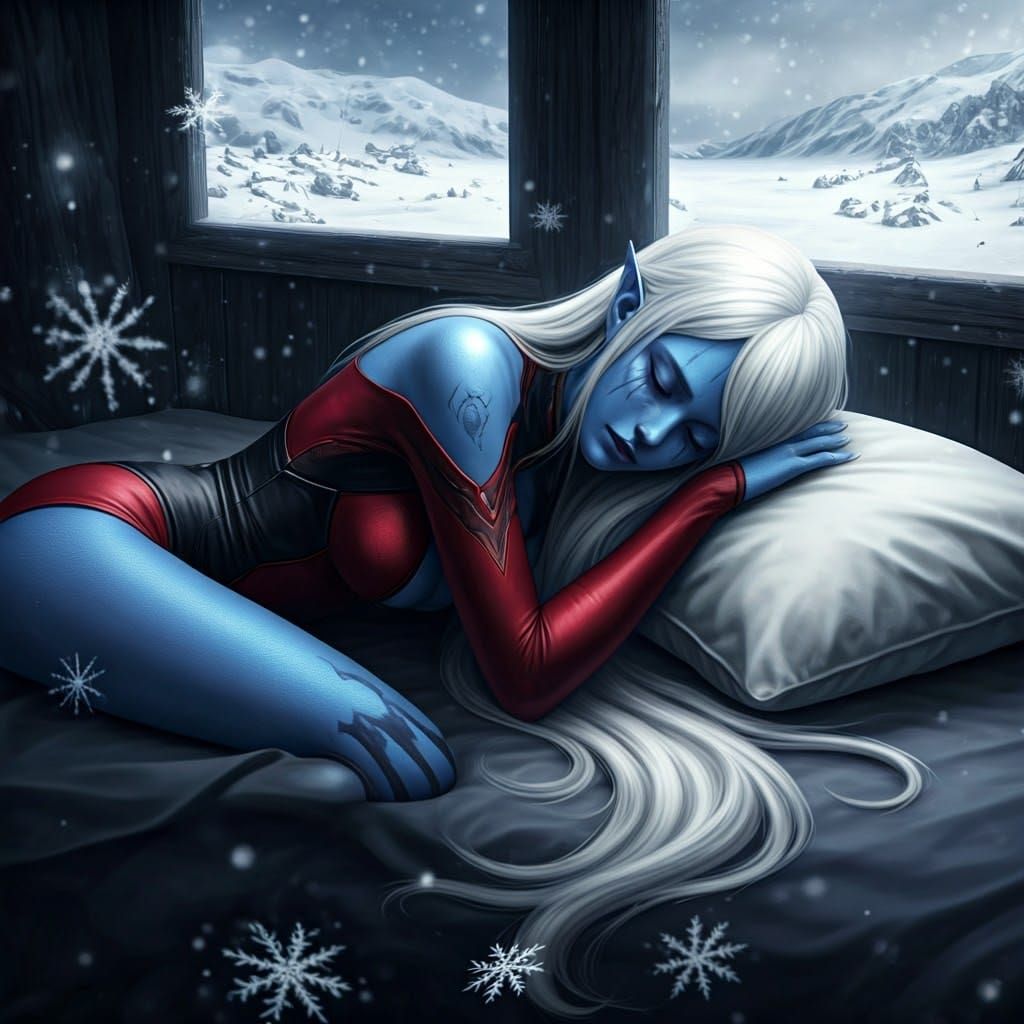 Ethereal Demoness Slumbers in Snowy Barren Landscape