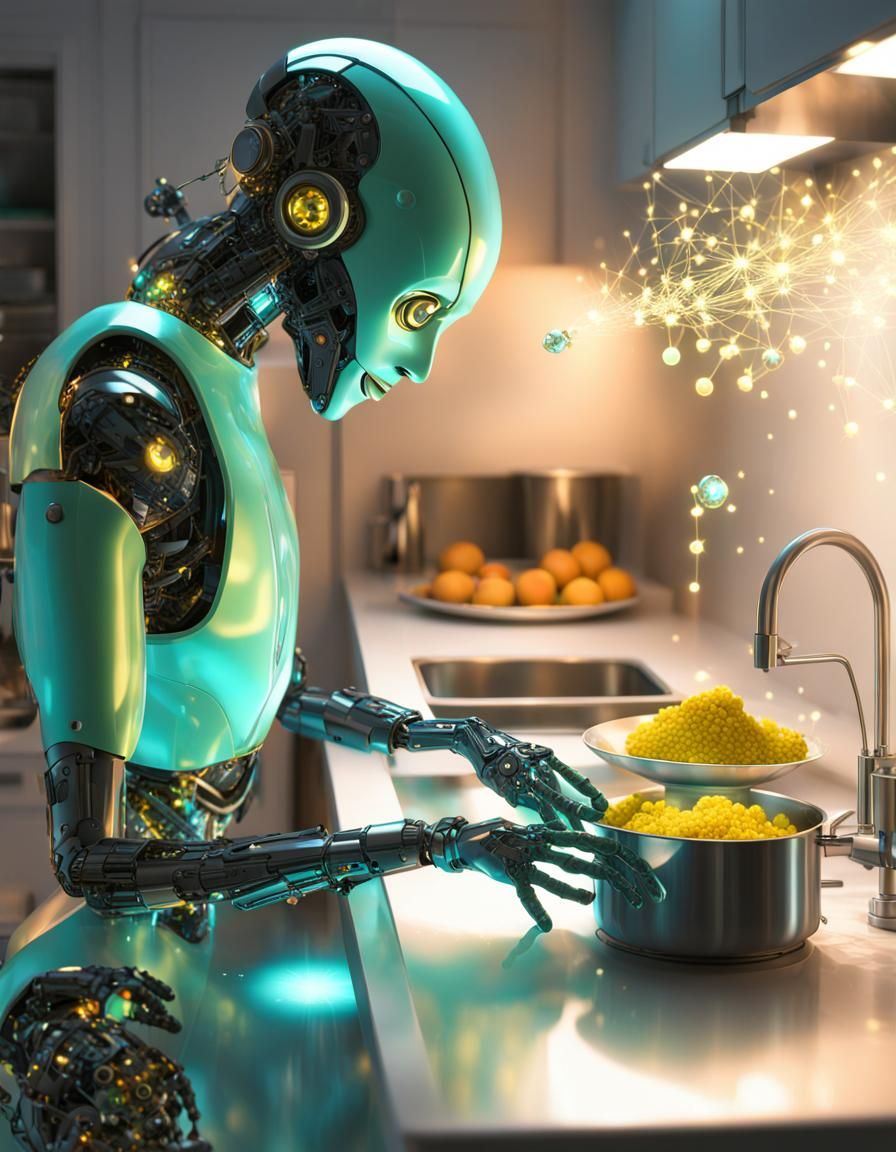 Android Butler Prepares Gourmet Cuisine in Cyberpunk Kitchen