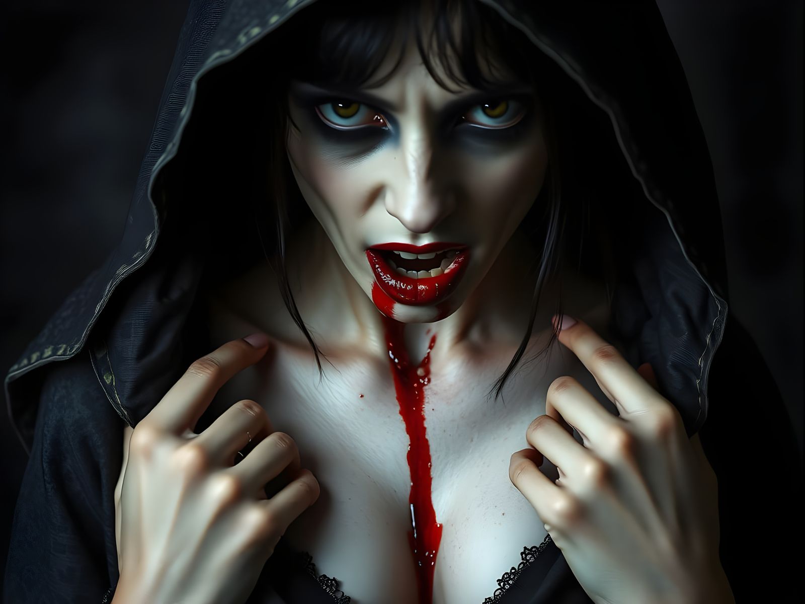 Vampire Woman in Large Hooded Cape