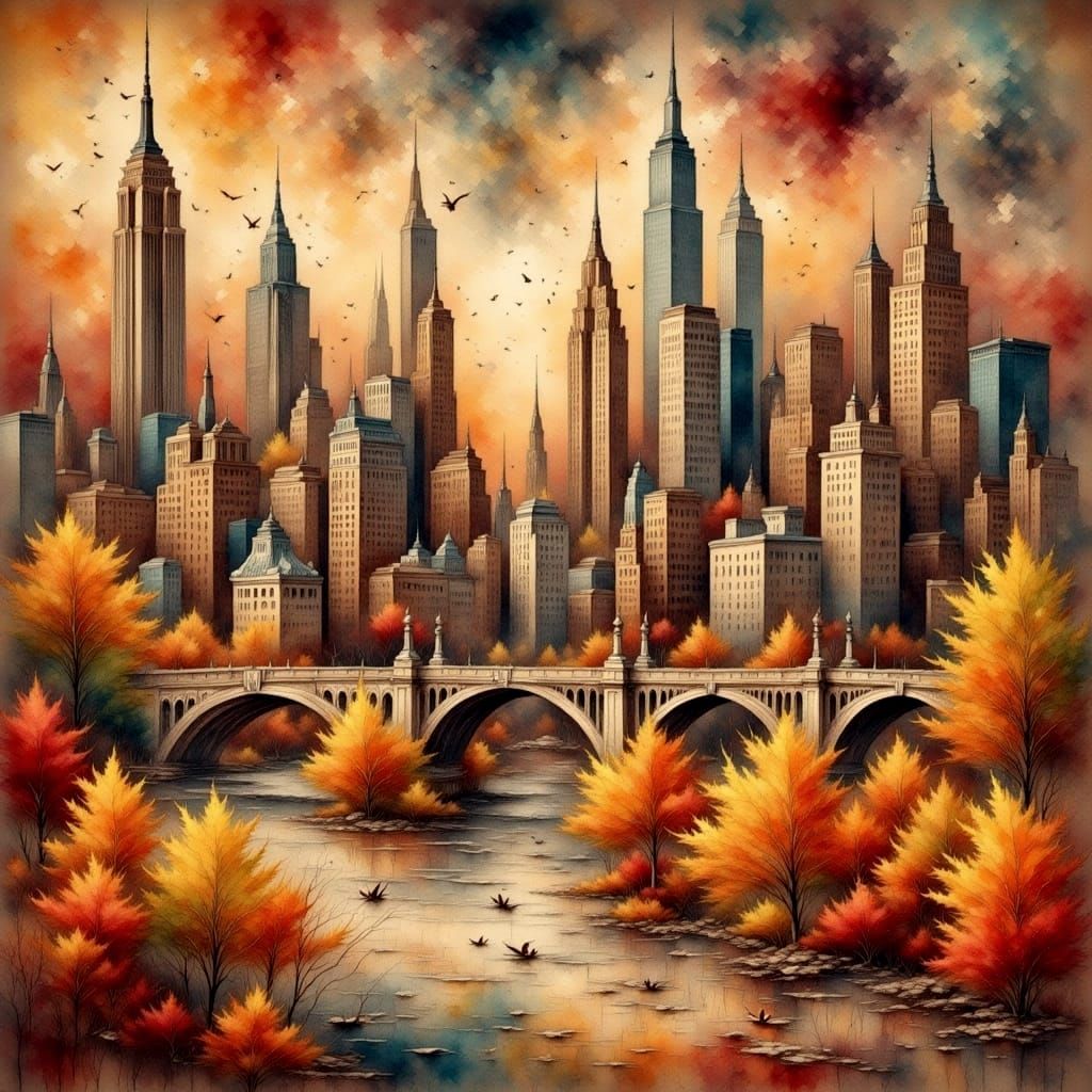 Autumn Cityscape II in Warm Watercolor Impressionist Style