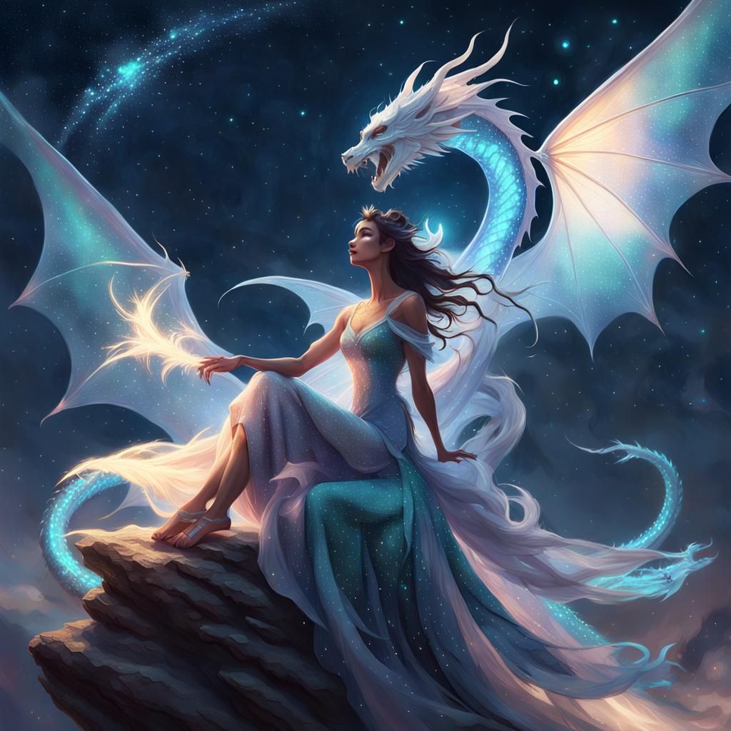 Fairy on Dragon in Starry Sky, Whimsical Art