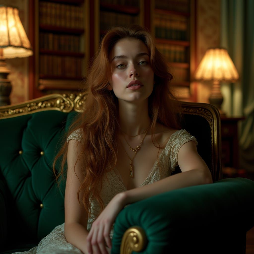 Woman on Velvet Couch in Warm, Nostalgic Film Room