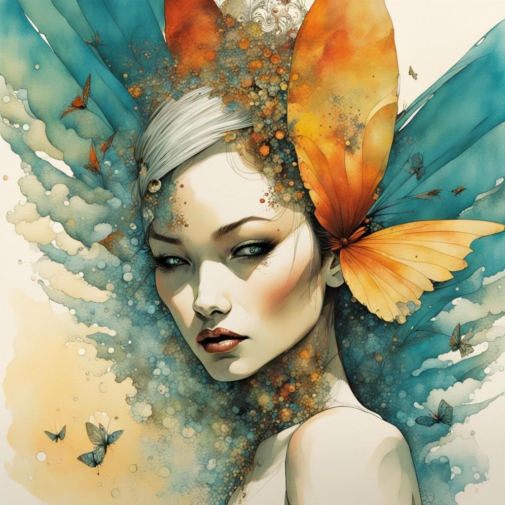 Angel Woman with Butterfly Wings in Watercolor Style